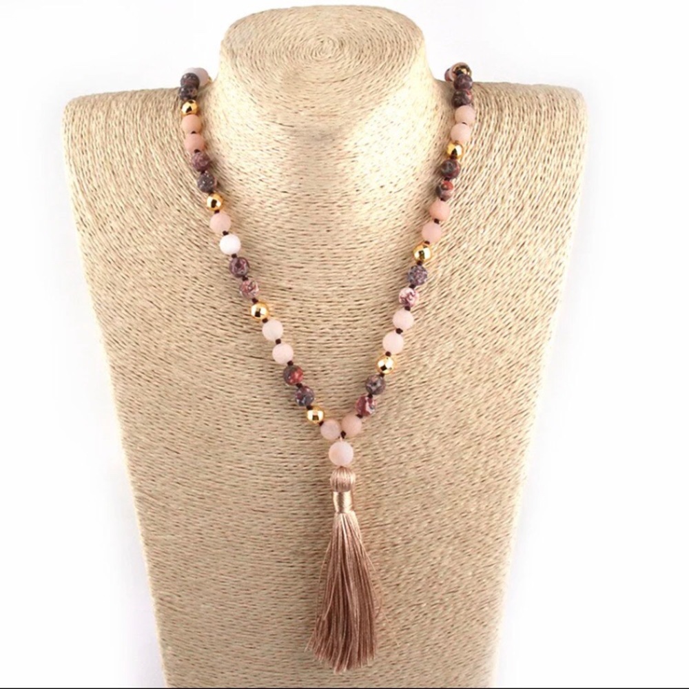 NEW Pink aventurine leopard jasper tassel necklace - Picture 2 of 3